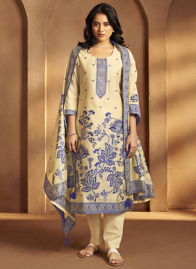 Cream jacquard art silk straight kurta set with dupatta