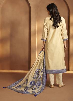 Cream jacquard art silk straight kurta set with dupatta 2