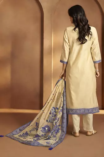 Cream jacquard art silk straight kurta set with dupatta