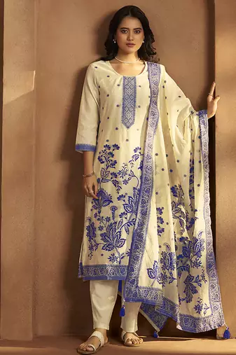 Cream jacquard art silk straight kurta set with dupatta