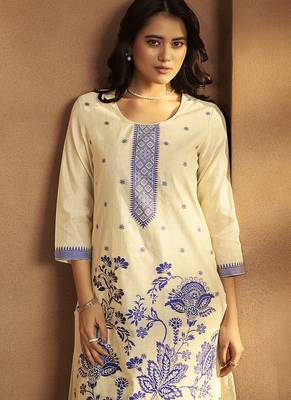 Cream jacquard art silk straight kurta set with dupatta 4