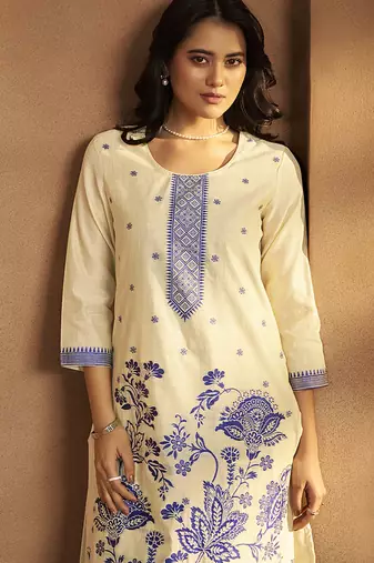 Cream jacquard art silk straight kurta set with dupatta
