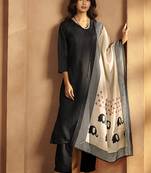 Black solid & printed cotton blend straight kurta set with printed dupatta