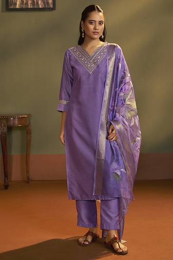 Purple embroidery cotton blend straight kurta set with printed dupatta