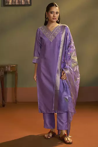 Purple embroidery cotton blend straight kurta set with printed dupatta