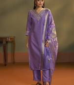 Purple embroidery cotton blend straight kurta set with printed dupatta
