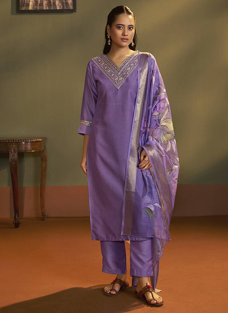 Purple embroidery cotton blend straight kurta set with printed dupatta