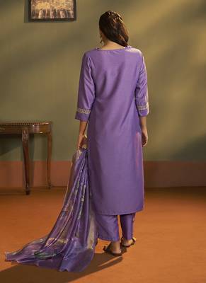 Purple embroidery cotton blend straight kurta set with printed dupatta 2