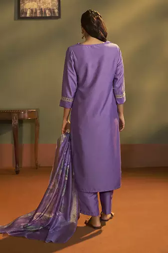 Purple embroidery cotton blend straight kurta set with printed dupatta