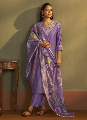 Purple embroidery cotton blend straight kurta set with printed dupatta 3
