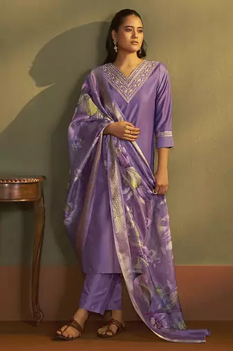 Purple embroidery cotton blend straight kurta set with printed dupatta