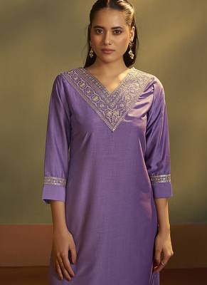 Purple embroidery cotton blend straight kurta set with printed dupatta 4