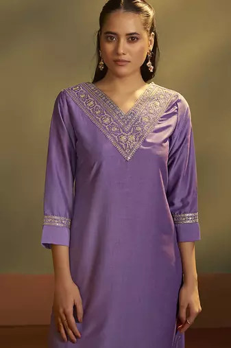 Purple embroidery cotton blend straight kurta set with printed dupatta