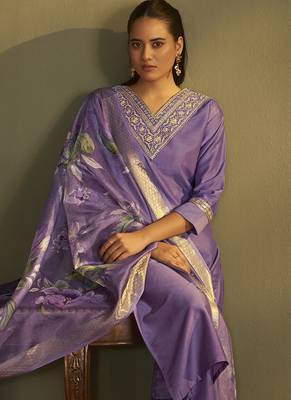 Purple embroidery cotton blend straight kurta set with printed dupatta 5