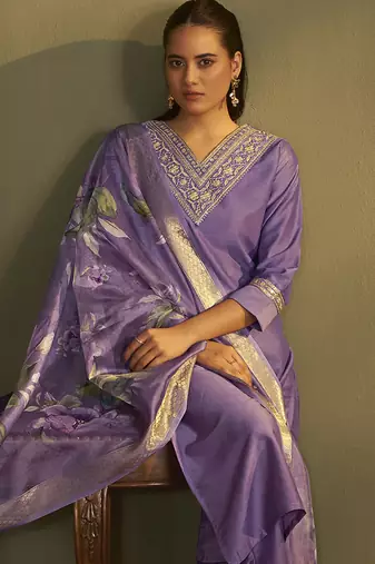 Purple embroidery cotton blend straight kurta set with printed dupatta