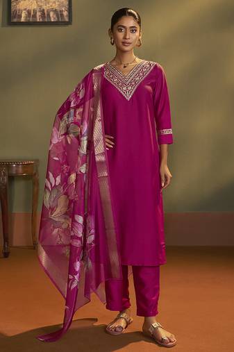 Pink embroidery cotton blend straight kurta set with printed dupatta