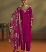 Pink embroidery cotton blend straight kurta set with printed dupatta