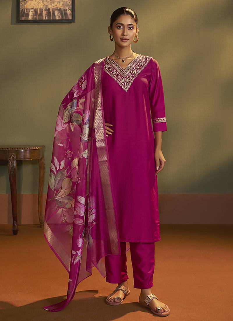 Pink embroidery cotton blend straight kurta set with printed dupatta