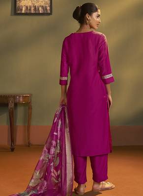 Pink embroidery cotton blend straight kurta set with printed dupatta 2