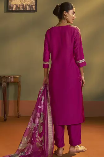 Pink embroidery cotton blend straight kurta set with printed dupatta