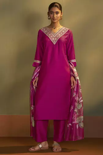 Pink embroidery cotton blend straight kurta set with printed dupatta