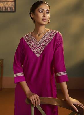 Pink embroidery cotton blend straight kurta set with printed dupatta 4