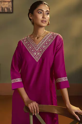 Pink embroidery cotton blend straight kurta set with printed dupatta