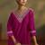 Pink embroidery cotton blend straight kurta set with printed dupatta