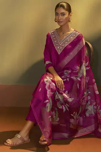 Pink embroidery cotton blend straight kurta set with printed dupatta