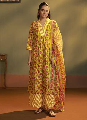 Yellow printed cotton blend anarkali & palazzo kurta set with printed dupatta 1