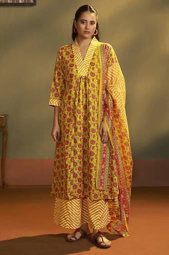 Yellow printed cotton blend anarkali & palazzo kurta set with printed dupatta