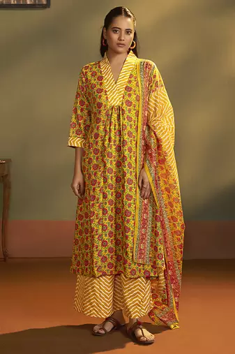 Yellow printed cotton blend anarkali & palazzo kurta set with printed dupatta