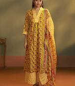 Yellow printed cotton blend anarkali & palazzo kurta set with printed dupatta