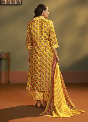 Yellow printed cotton blend anarkali & palazzo kurta set with printed dupatta 2