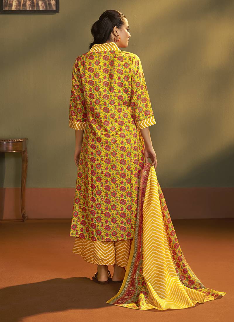 Yellow printed cotton blend anarkali & palazzo kurta set with printed dupatta