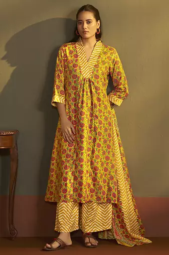 Yellow printed cotton blend anarkali & palazzo kurta set with printed dupatta