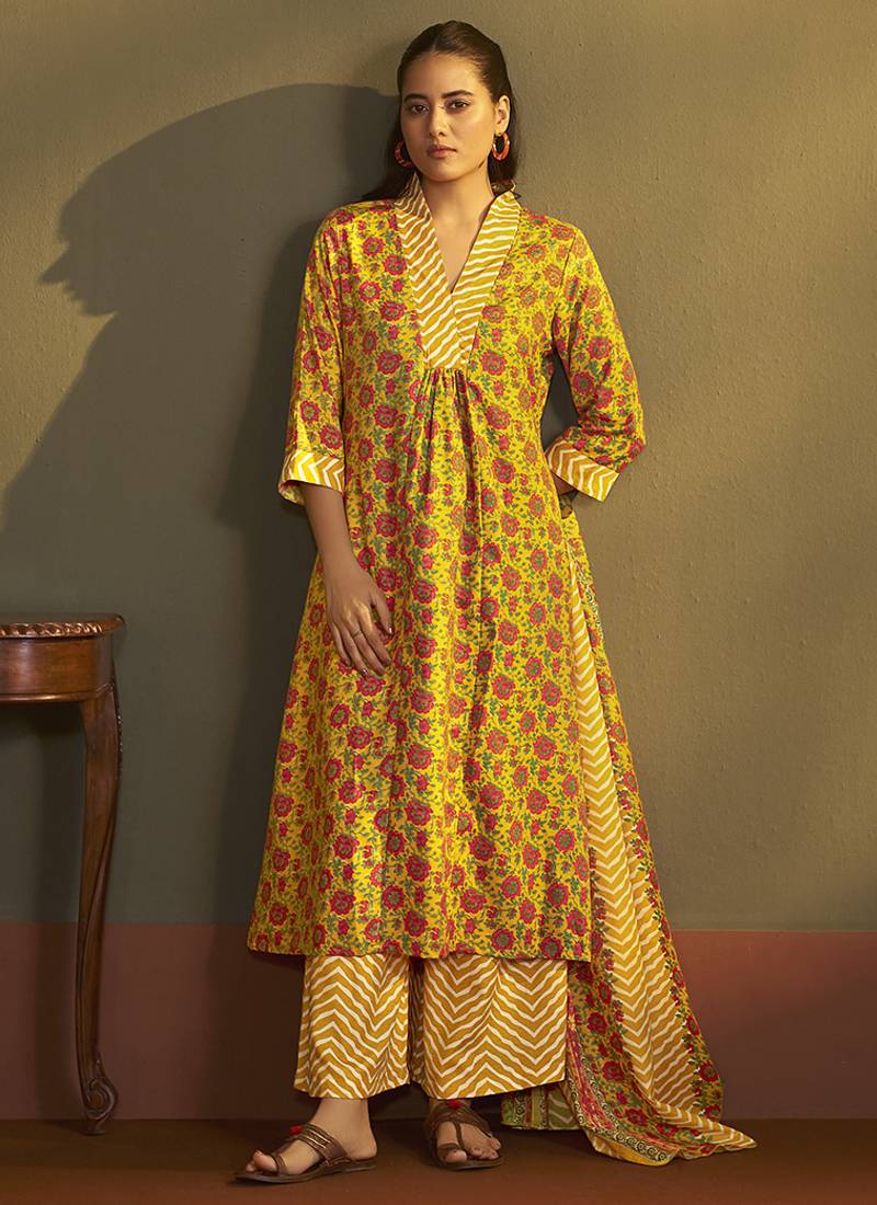 Yellow printed cotton blend anarkali & palazzo kurta set with printed dupatta
