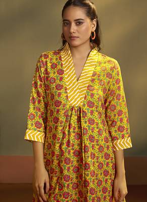 Yellow printed cotton blend anarkali & palazzo kurta set with printed dupatta 4