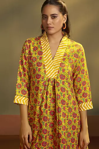 Yellow printed cotton blend anarkali & palazzo kurta set with printed dupatta
