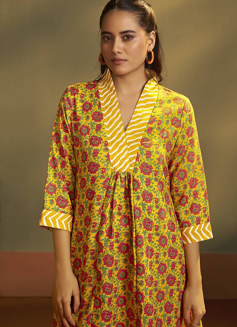 Yellow printed cotton blend anarkali & palazzo kurta set with printed dupatta