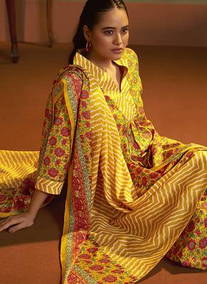 Yellow printed cotton blend anarkali & palazzo kurta set with printed dupatta 5