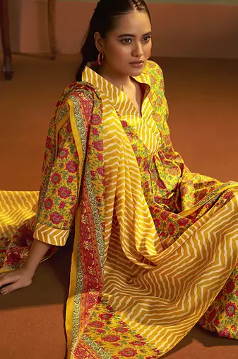 Yellow printed cotton blend anarkali & palazzo kurta set with printed dupatta