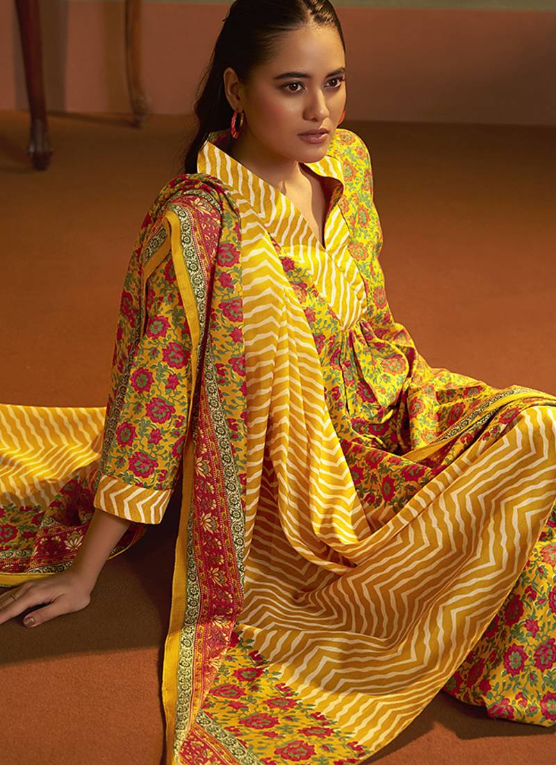 Yellow printed cotton blend anarkali & palazzo kurta set with printed dupatta