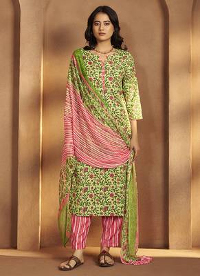 Pista green printed cotton blend straight kurta set with printed dupatta 1