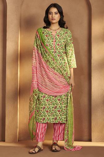 Pista green printed cotton blend straight kurta set with printed dupatta