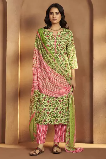 Pista green printed cotton blend straight kurta set with printed dupatta
