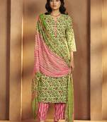 Pista green printed cotton blend straight kurta set with printed dupatta