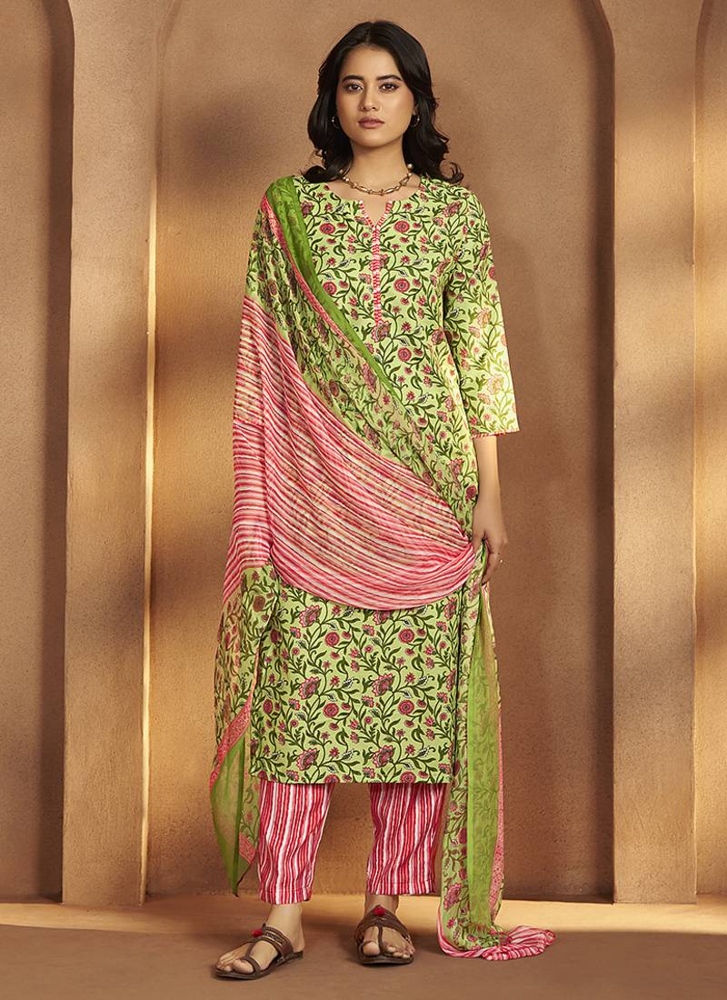 Pista green printed cotton blend straight kurta set with printed dupatta