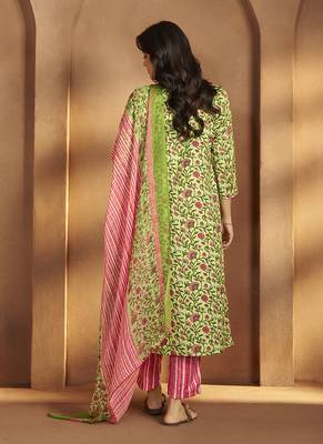 Pista green printed cotton blend straight kurta set with printed dupatta 2