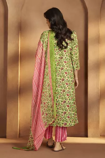 Pista green printed cotton blend straight kurta set with printed dupatta